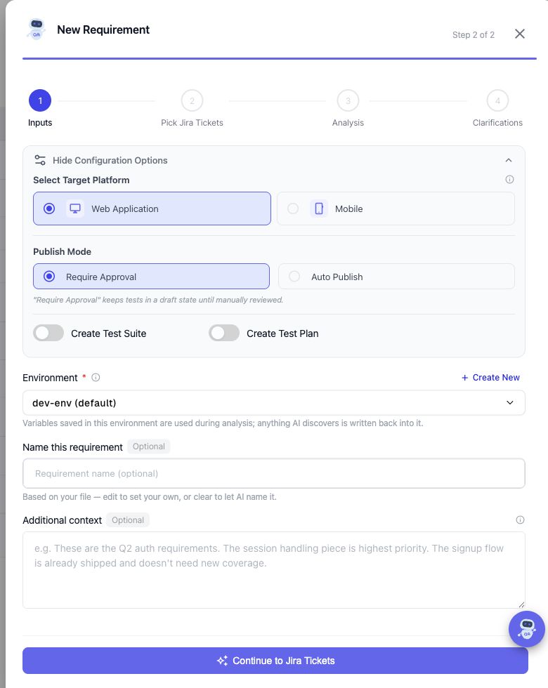 Requirement generation configuration for target platform, approval, environment, and AI context